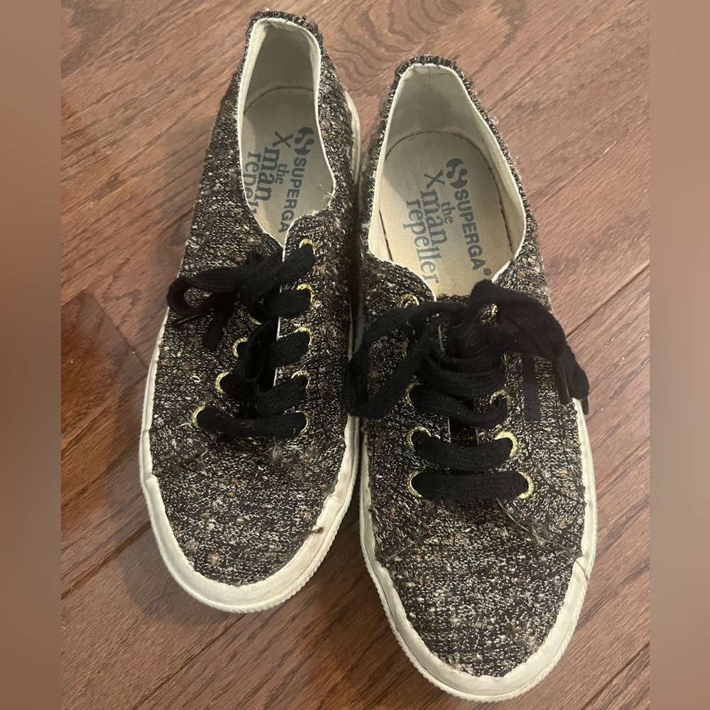 Superga X The Man Repeller Womens Tweed Silver Flecked Sneakers Black size 6.5